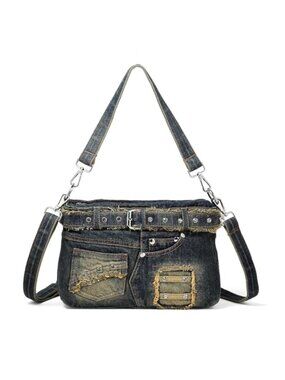 Denim Crossbody Bag with Rhinestones Y2K Jean Handbag for Women